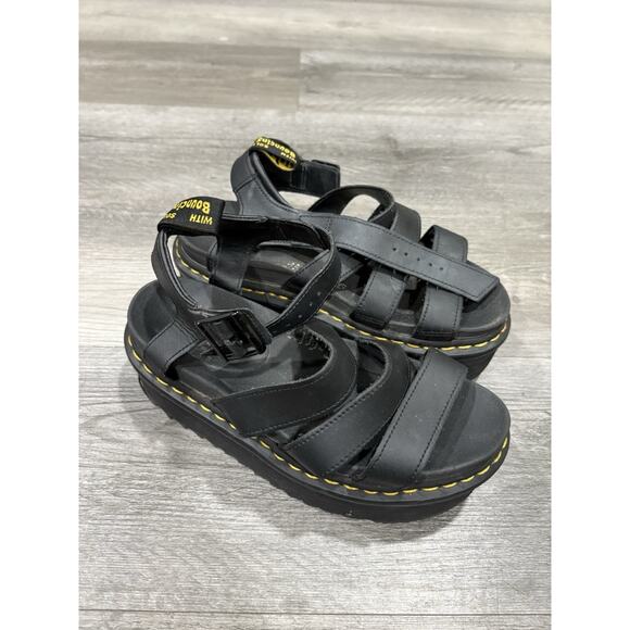 Dr Doc Martens Blaire Quad Platform Sandals Black Leather Shoes Womens Size 7L - Picture 1 of 4